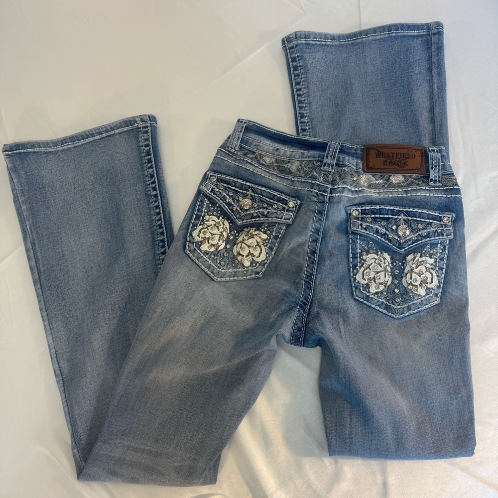 Westfield Eagle Studded Western Rhinestone Bootcut Jeans with Ornate Embroidery